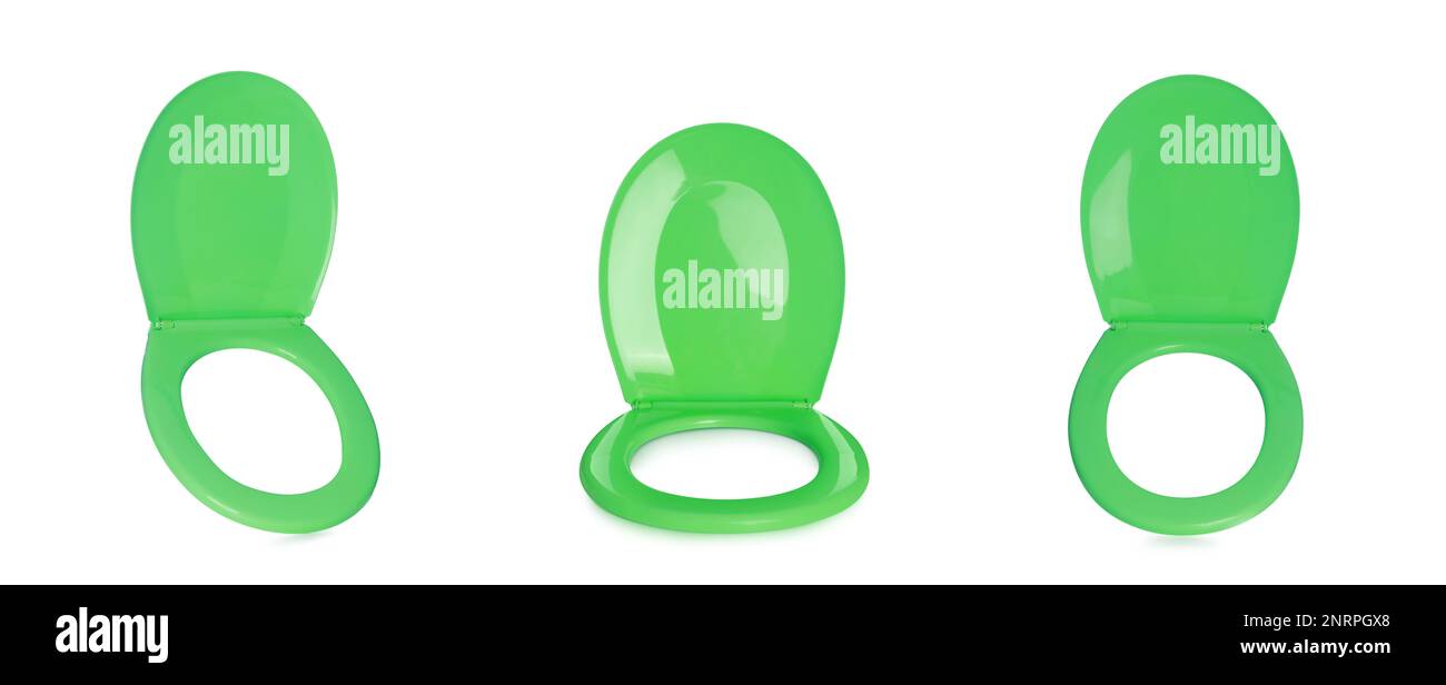 Set with green plastic toilet seats on white background. Banner design