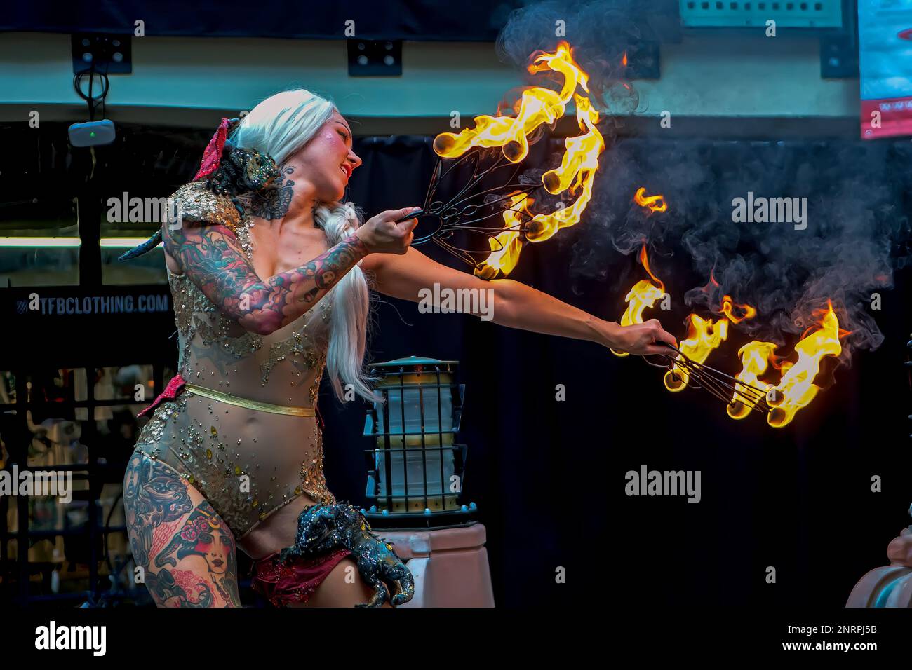 Elegy Ellem appearing on the Pyrohex Stage. Performing at The 12th International London Tattoo Convention 2016, Tobacco Dock, Wapping, London, E2, UK. 24th September 2016 Stock Photo
