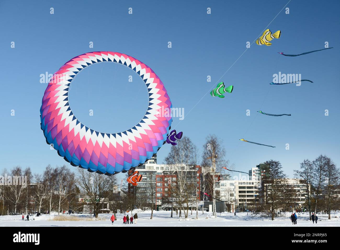 kites over Tuusula lake in Jarvenpaa on a sunny winter day February 26, 2023 Stock Photo