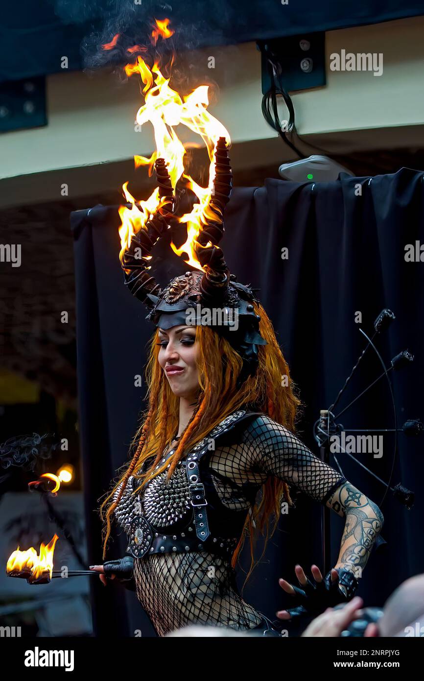 Shelly d'Inferno appearing on the Pyrohex Stage. Performing at The 12th International London Tattoo Convention 2016, Tobacco Dock, Wapping, London, E2, UK. 24th September 2016 Stock Photo