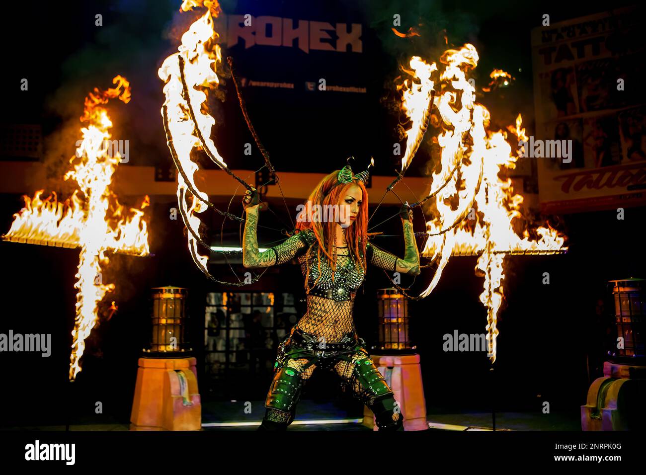 Shelly d'Inferno appearing on the Pyrohex Stage. Performing at The 12th International London Tattoo Convention 2016, Tobacco Dock, Wapping, London, E2, UK. 24th September 2016 Stock Photo