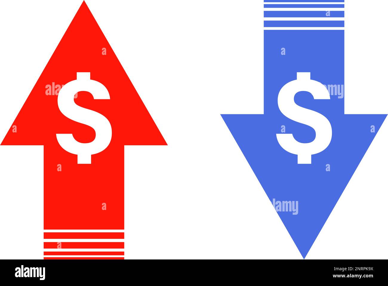 Dollar price increase arrow and dollar price decrease arrow icon set