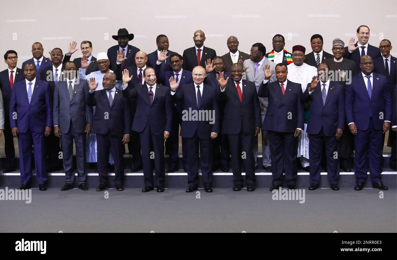 Russian President Vladimir Putin, center, poses for a photo with leaders of African countries at the Russia-Africa summit in the Black Sea resort of Sochi, Russia, Thursday, Oct. 24, 2019. (Valery Sharifulin, TASS News Agency Pool Photo via AP) Stock Photo