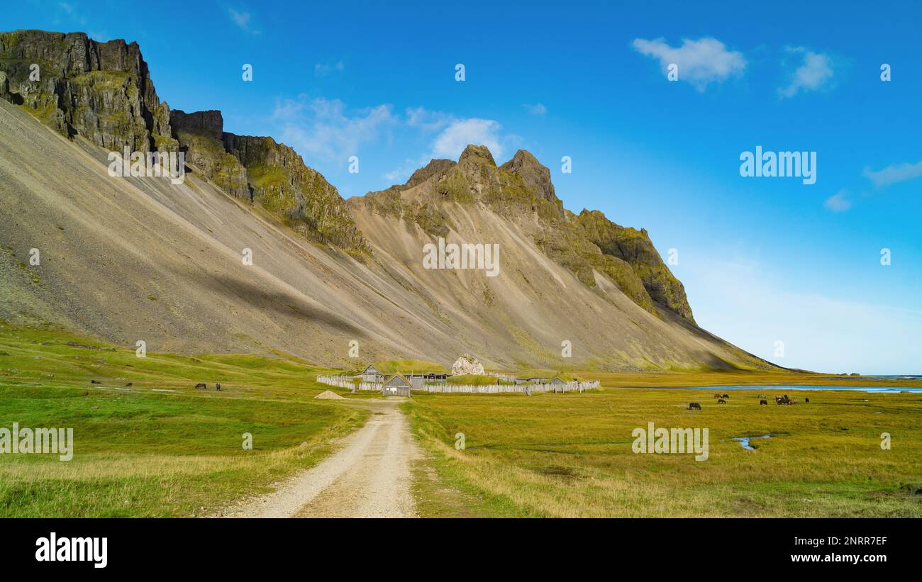 Traditional antique Viking village. Old wooden houses near Vestrahorn