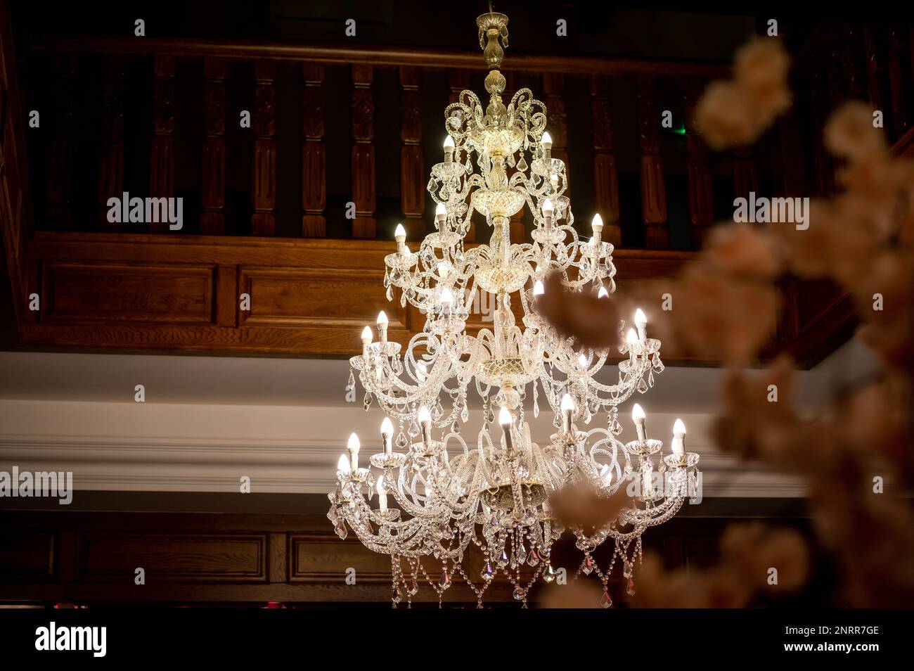 crystal chandelier in a wooden banquet hall wedding hall crystal
