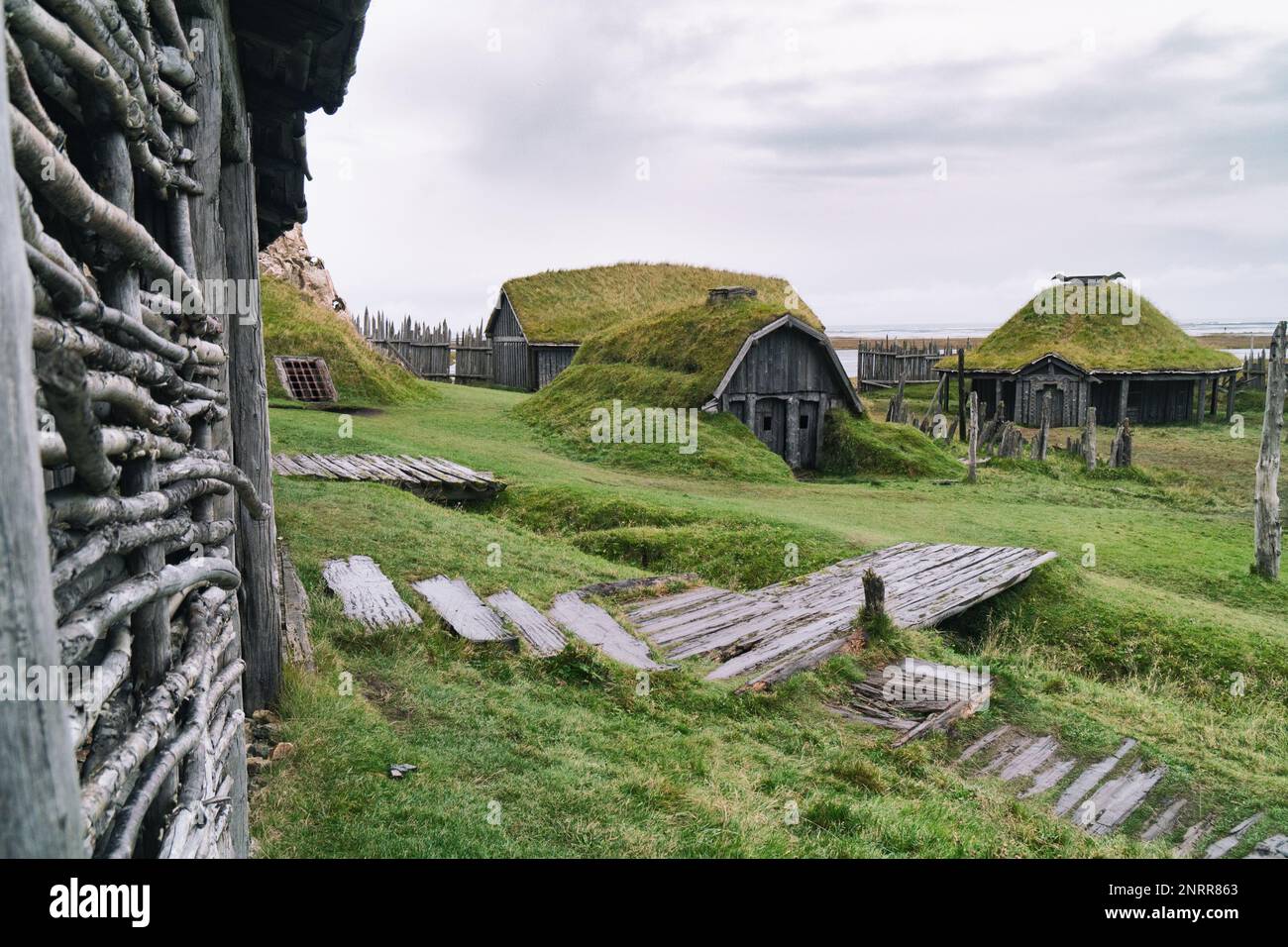 Traditional antique Viking village. Old wooden houses near Vestrahorn