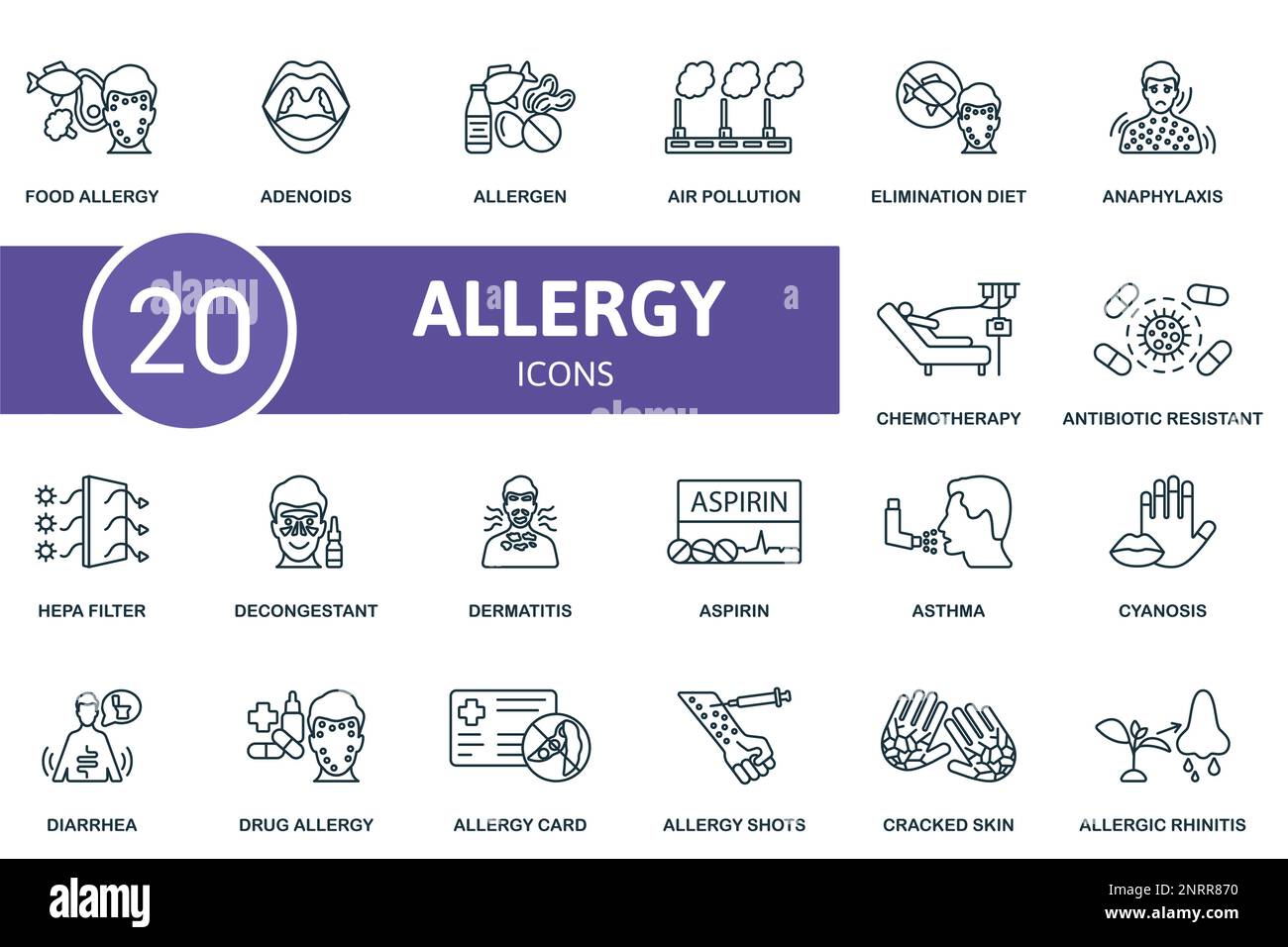 Allergy icon set. Monochrome simple Allergy icon collection. Food Allergy, Adenoids, Allergen, Air Pollution, Elimination Diet, Drug Allergy, Allergy Stock Vector