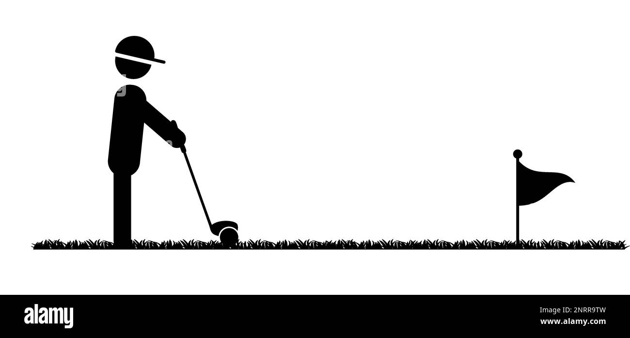Stickman, stick figure man with golf stick. Golf player and golf course