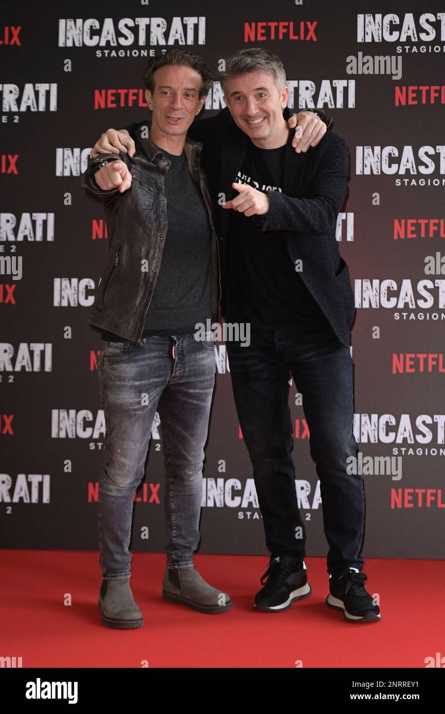 Rome, Italy. 27th Feb, 2023. Salvatore Ficarra (L) and Valentino Picone (R) attend the photocall of the Netflix series 'Incastrati 2' at The Space Cinema Moderno. (Photo by Mario Cartelli/SOPA Images/Sipa USA) Credit: Sipa USA/Alamy Live News Stock Photo