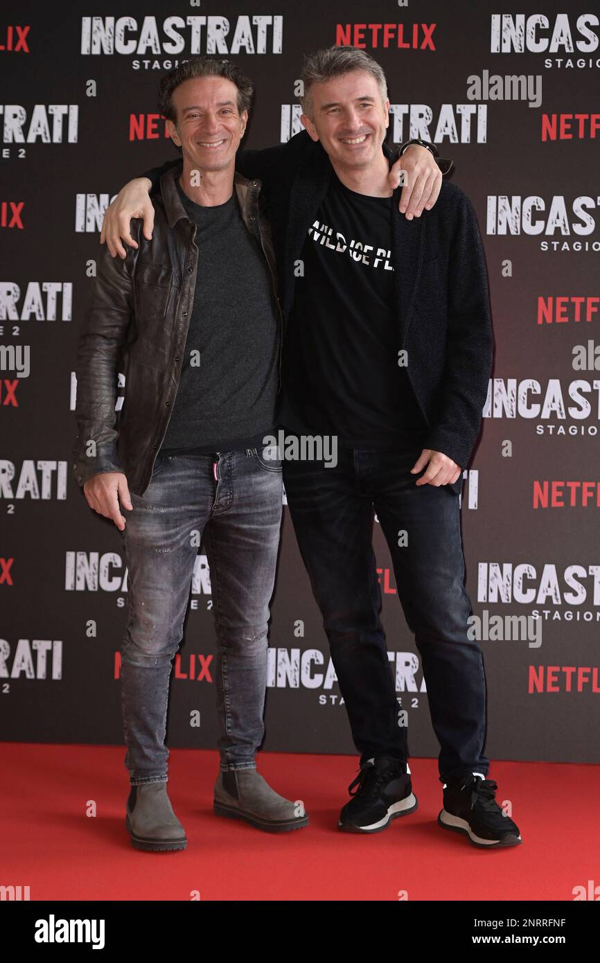 Rome, Italy. 27th Feb, 2023. Salvatore Ficarra (L) and Valentino Picone (R) attend the photocall of the Netflix series 'Incastrati 2' at The Space Cinema Moderno. (Photo by Mario Cartelli/SOPA Images/Sipa USA) Credit: Sipa USA/Alamy Live News Stock Photo