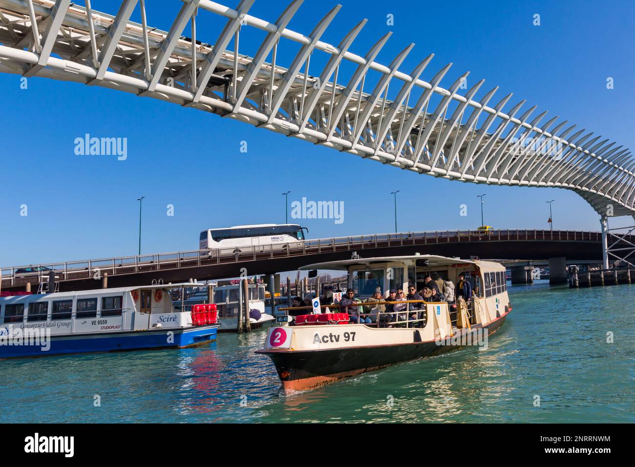 modern monorail elevated railway track of the Venice People Mover public transit system between Piazzale Roma and Venice cruise port at Venice, Italy Stock Photo