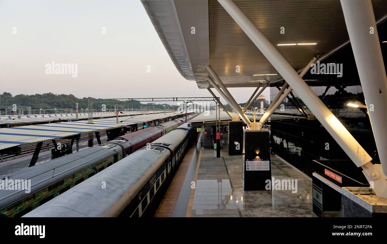 Bangalore,Karnataka,India-October 26 2022: Interior architecture of within the pemises of Sir M Visvesvaraya Terminal or SMVB premises at golden hour Stock Photo