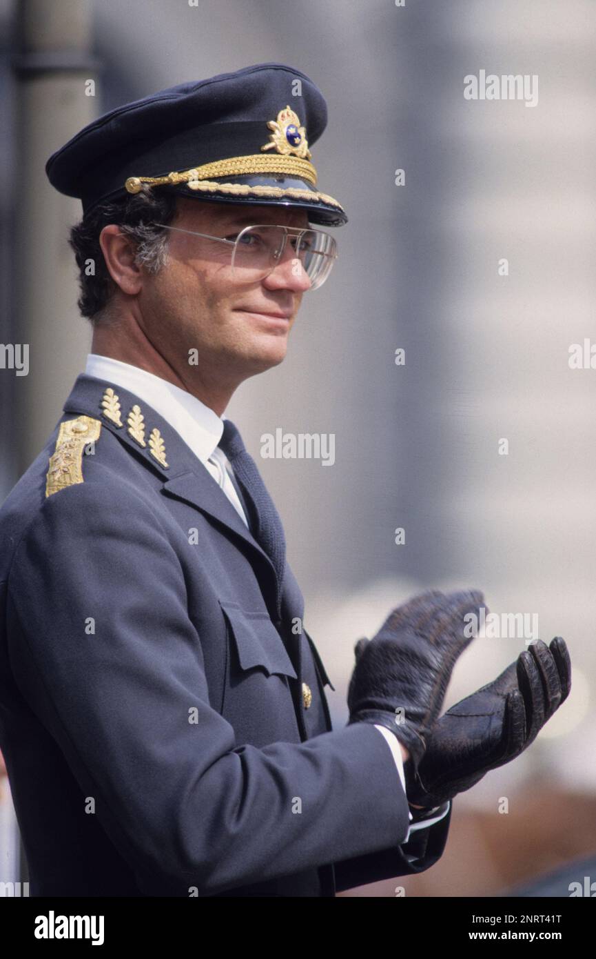 Swedish King CARL XVI GUSTAV in uniform outside the castle when he is celebrated by the public on his birthday Stock Photo