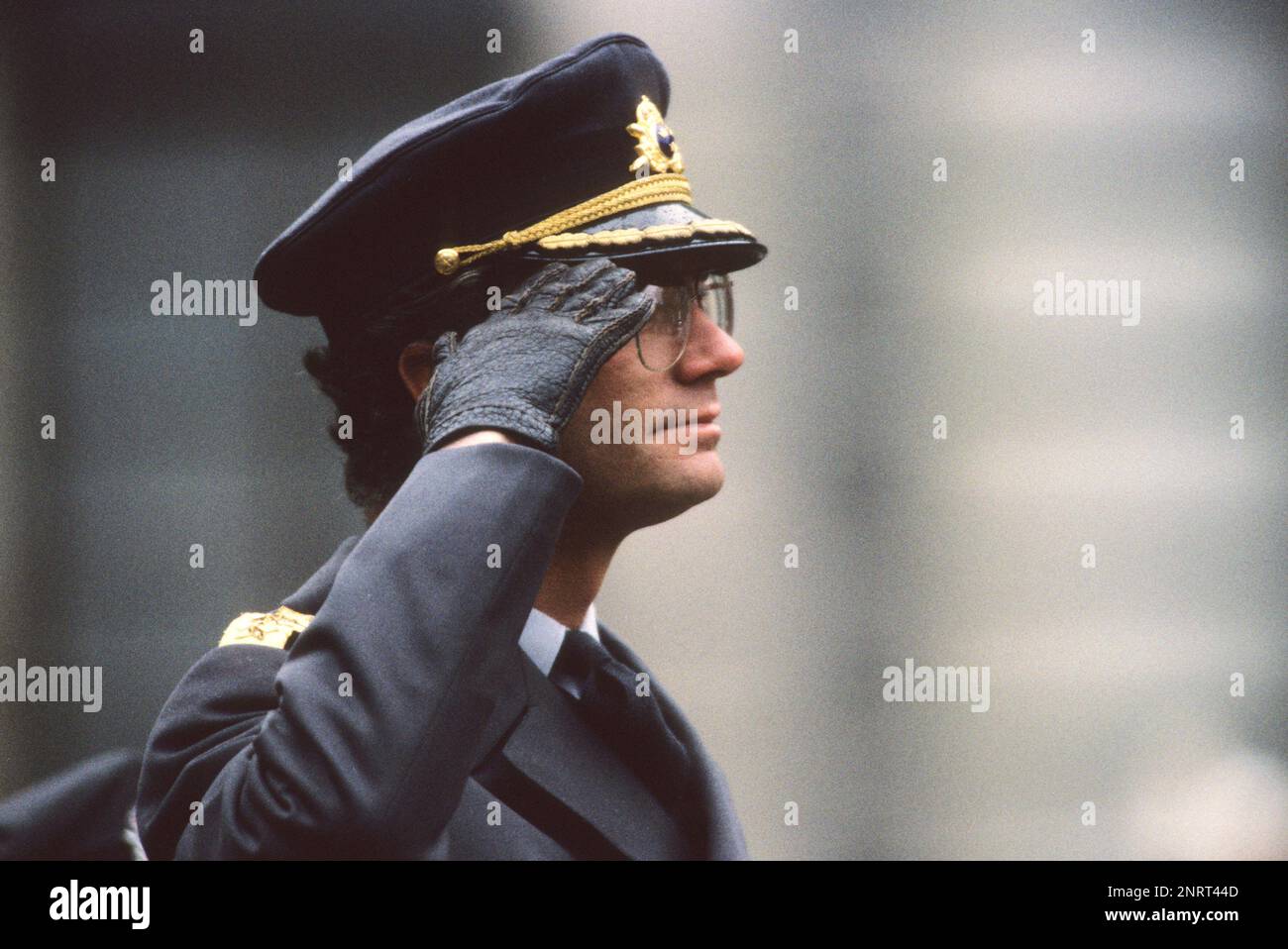 Swedish King CARL XVI GUSTAV in uniform outside the castle when he is celebrated by the public on his birthday Stock Photo