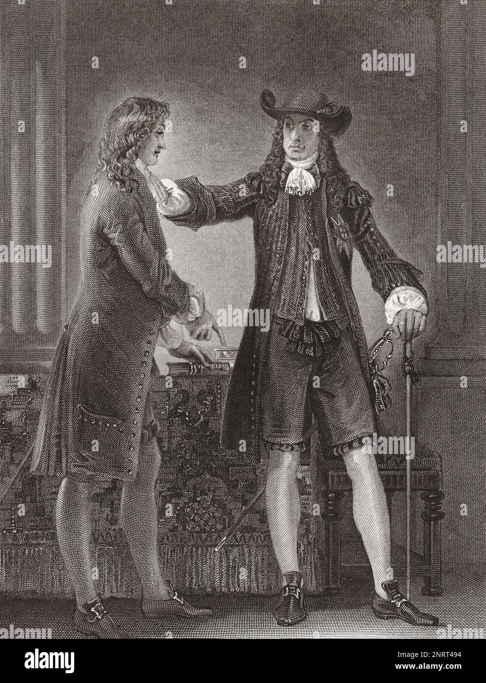 Sir William Temple, 1628 - 1699, English statesman, with King Charles II to whom he was an advisor.  After falling out with the King he retired from politics and devoted himself to gardening and essay writing.  After a print by J. Parker from the work by James Stothard originally featured in Robert Bowyer's Historic Gallery, published between 1793 and 1806. Stock Photo