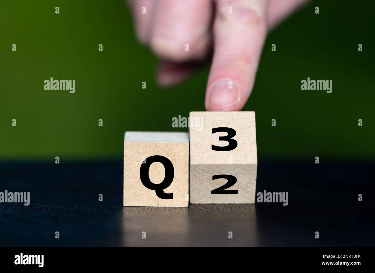 Symbol for the 3rd Quarter of the year. Hand turns dice and changes the expression Q2 to Q3. Stock Photo