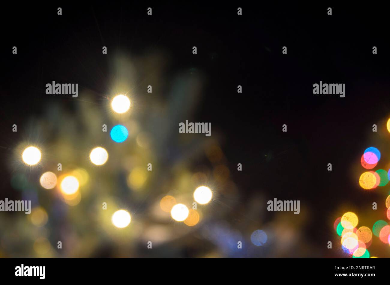 Light blurred multicolored lights on a real Christmas tree outside in