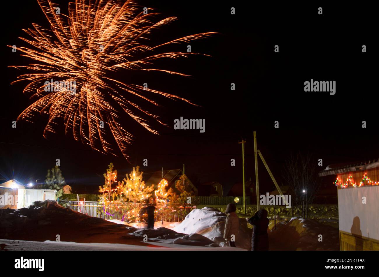 Bright flashes of fireworks in a garden plot in Siberia in winter with Christmas trees decorated with garlands on the snow at night. Stock Photo