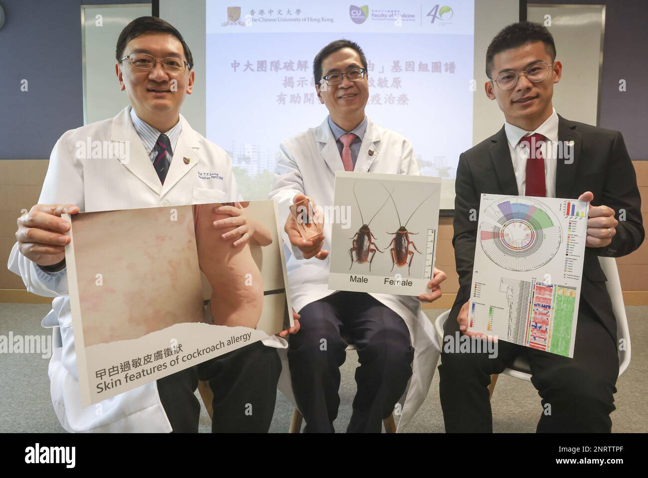 (L to R) Chinese University of Hong Kong's (CUHK) MedicineHH Postdoctoral Fellow in the School of Biomedical Sciences Xiong Ding, Professor in the School of Biomedical Sciences Stephen Tsui Kwok-wing, and Professor in the Department of Paediatrics Leung Ting-fan, at a presser on the development of precision immunotherapy on novel cockroach allergens, at the Li Ka Shing Medical Sciences Building, Prince of Wales Hospital in Sha Tin. 16FEB23 SCMP / Jonathan Wong Stock Photo