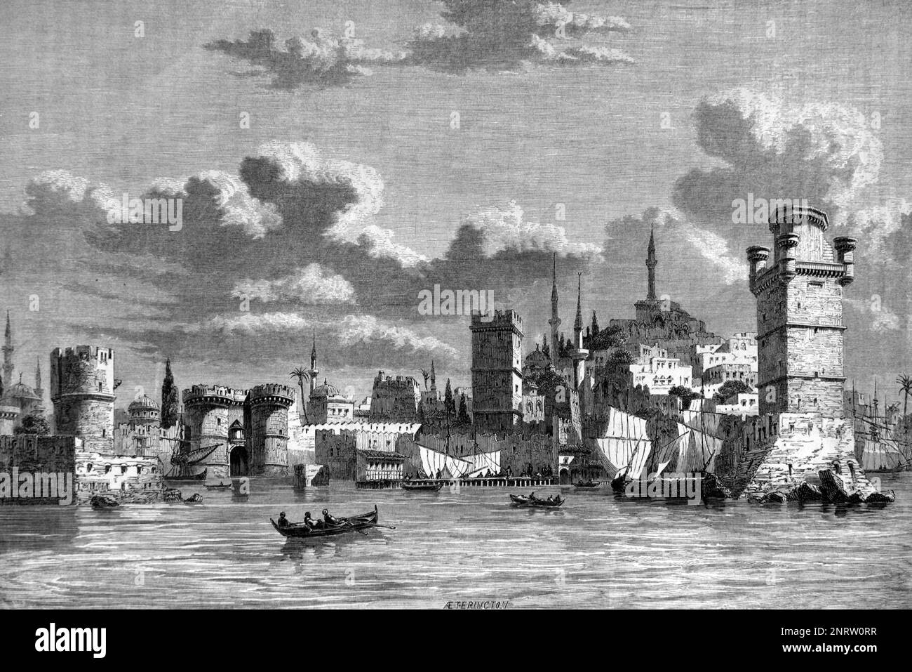 Early View of the Fortified City of Rhodes with its Old Port, or Harbour, Town Walls and, to right, St. Michael's Tower or Naillac Tower (which was damaged by the earthquake on 22 April 1863 and later Demolished) Greece. Vintage Engraving or Illustration 1862 Stock Photo