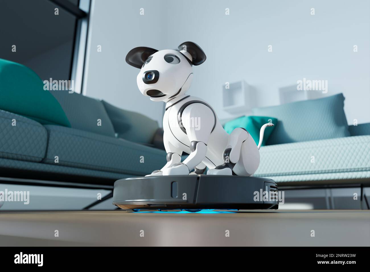 Cute robot dog riding on automatic vacuum across living room. Intelligent toy Stock Photo Alamy