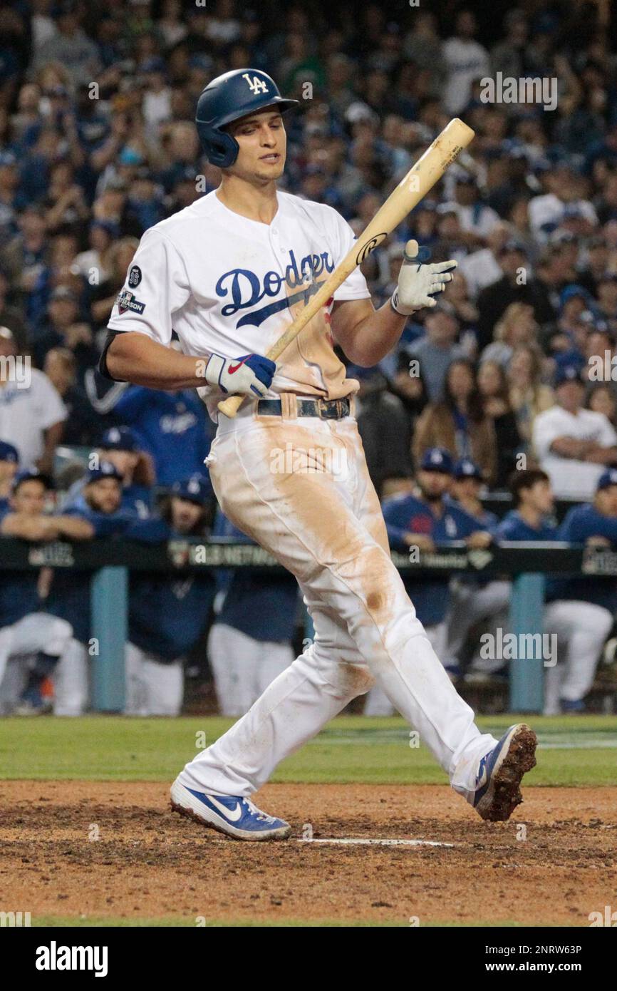 Corey Seager of the Los Angeles Dodgers bats against the Washington  Nationals during the fifth inning in game…