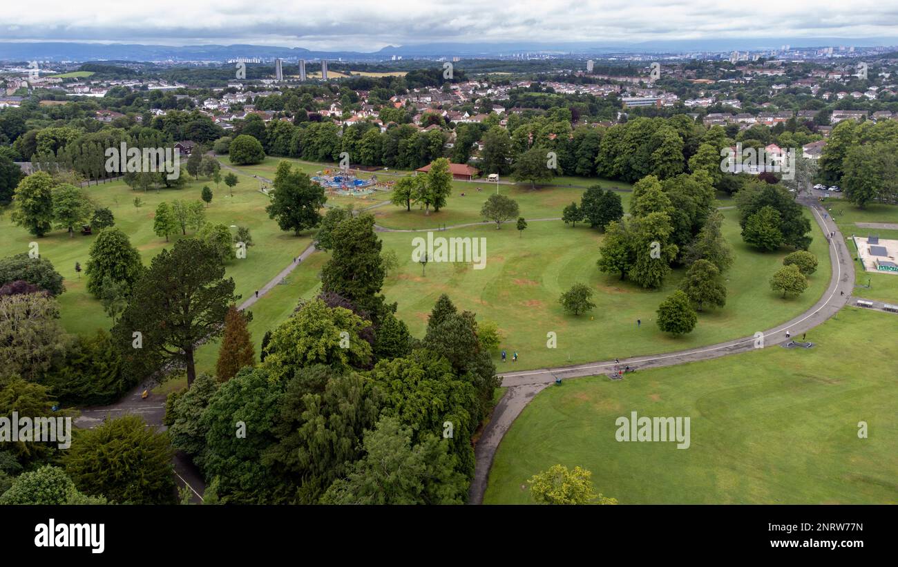 Ariel view of Rouken Glen Park and the are of Giffnock,  East Renfrewshire. Scotland Stock Photo