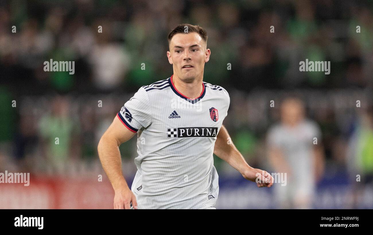 St. Louis City FC defender Kyle Hiebert competes against Austin FC