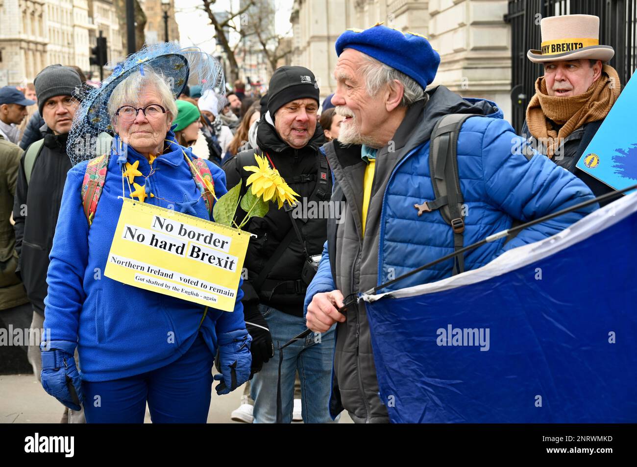 London, UK. Anti Brexit Protesters gathered in Downing Street on the day that Prime Minister Rishi Sunak pushed ahead with a new Brexit deal on Northern Ireland's trade. Stock Photo