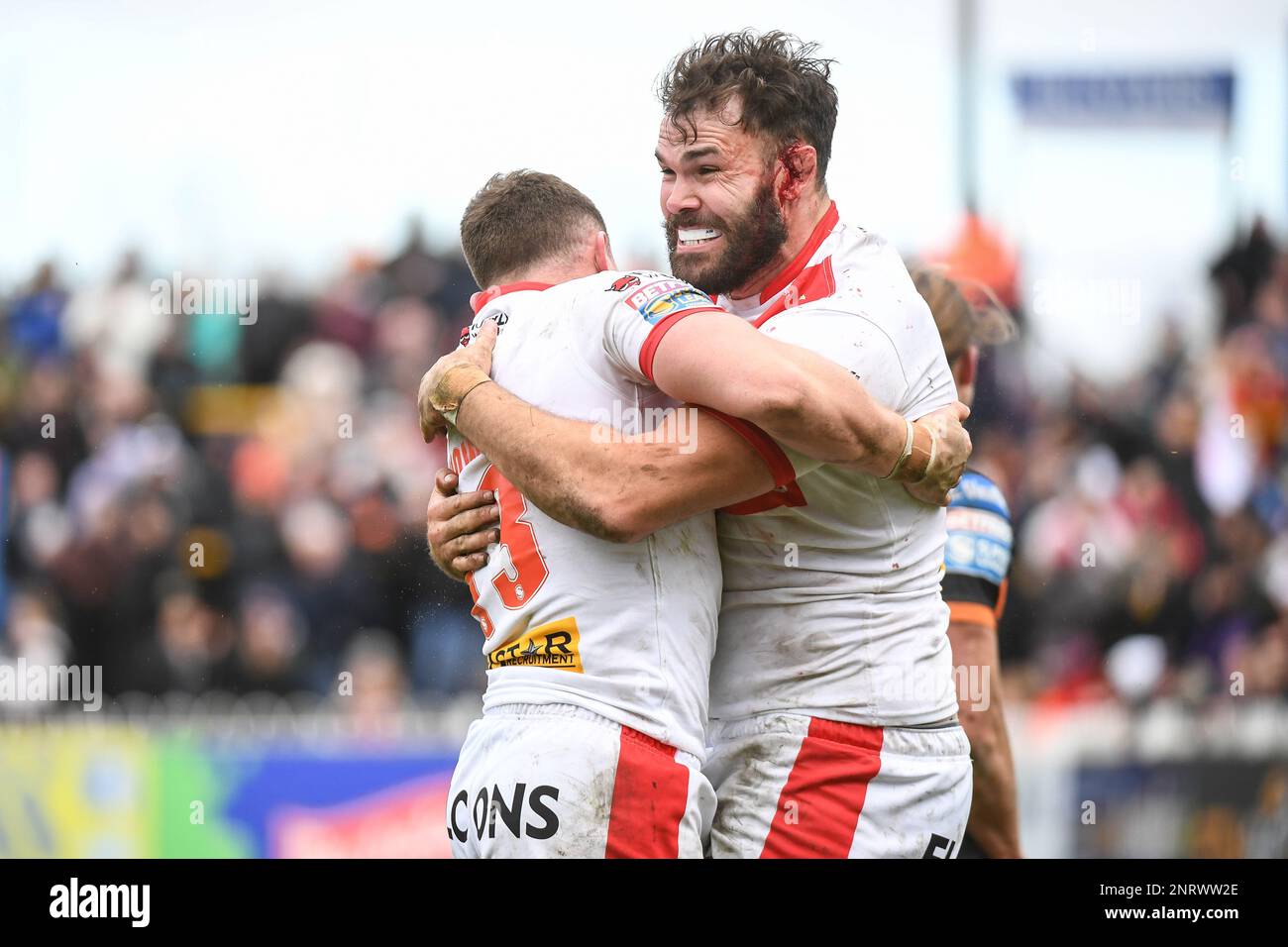 Castleford, England 26th February 2023 Alex Walmsley of St Helens celebrates try.. Rugby