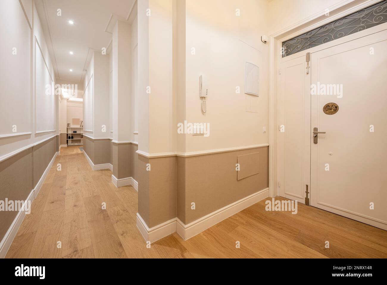 Long hall hallway of an empty house with white woodwork and laminated flooring Stock Photo