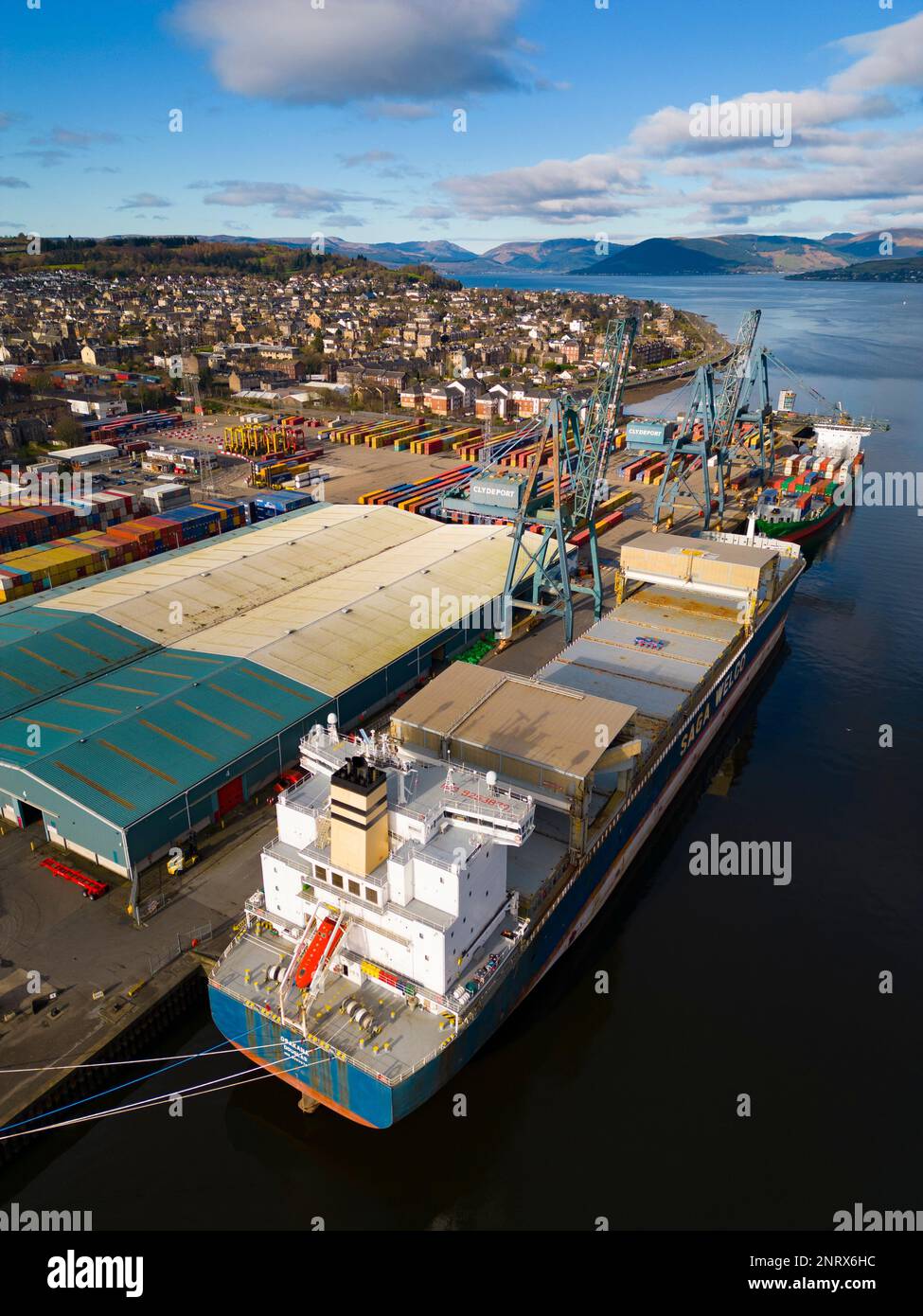 Aerial view of Peel Ports Clydeport Greenock Ocean Terminal in Greenock