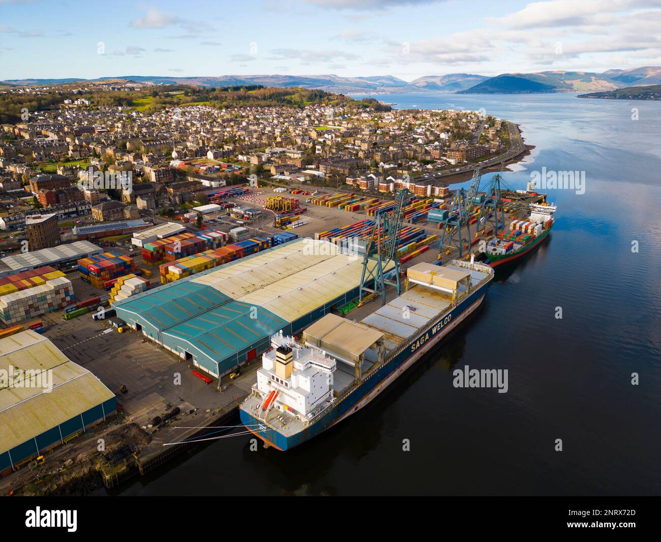 Aerial view of Peel Ports Clydeport Greenock Ocean Terminal in Greenock, Scotland, UK Stock Photo