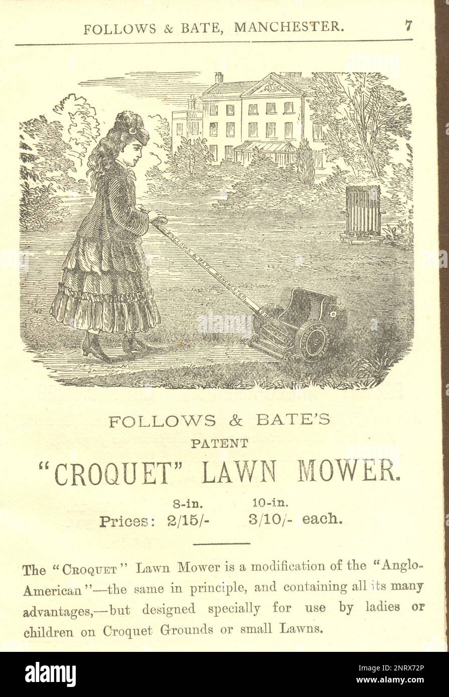 Engraving of young girl using Follows & Bate's 'Croquet' Lawn mower 'designed specially for use by ladies or children' from Follows & Bate's catalogue for 1877 Stock Photo