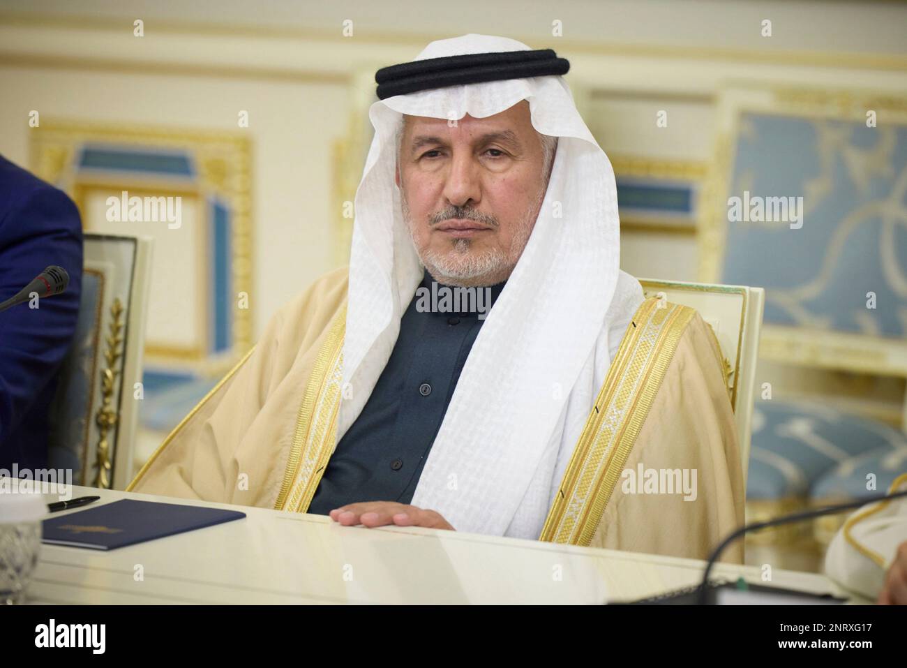 Kyiv, Ukraine. 26th Feb, 2023. Supervisor General of the King Salman Humanitarian Aid and Relief Centre Abdullah Al Rabeeah during a bilateral meeting with Ukrainian President Volodymyr Zelenskyy and delegation at the Mariinsky Palace, February 26, 2023 in Kyiv, Ukraine. Credit: Pool Photo/Ukrainian Presidential Press Office/Alamy Live News Stock Photo