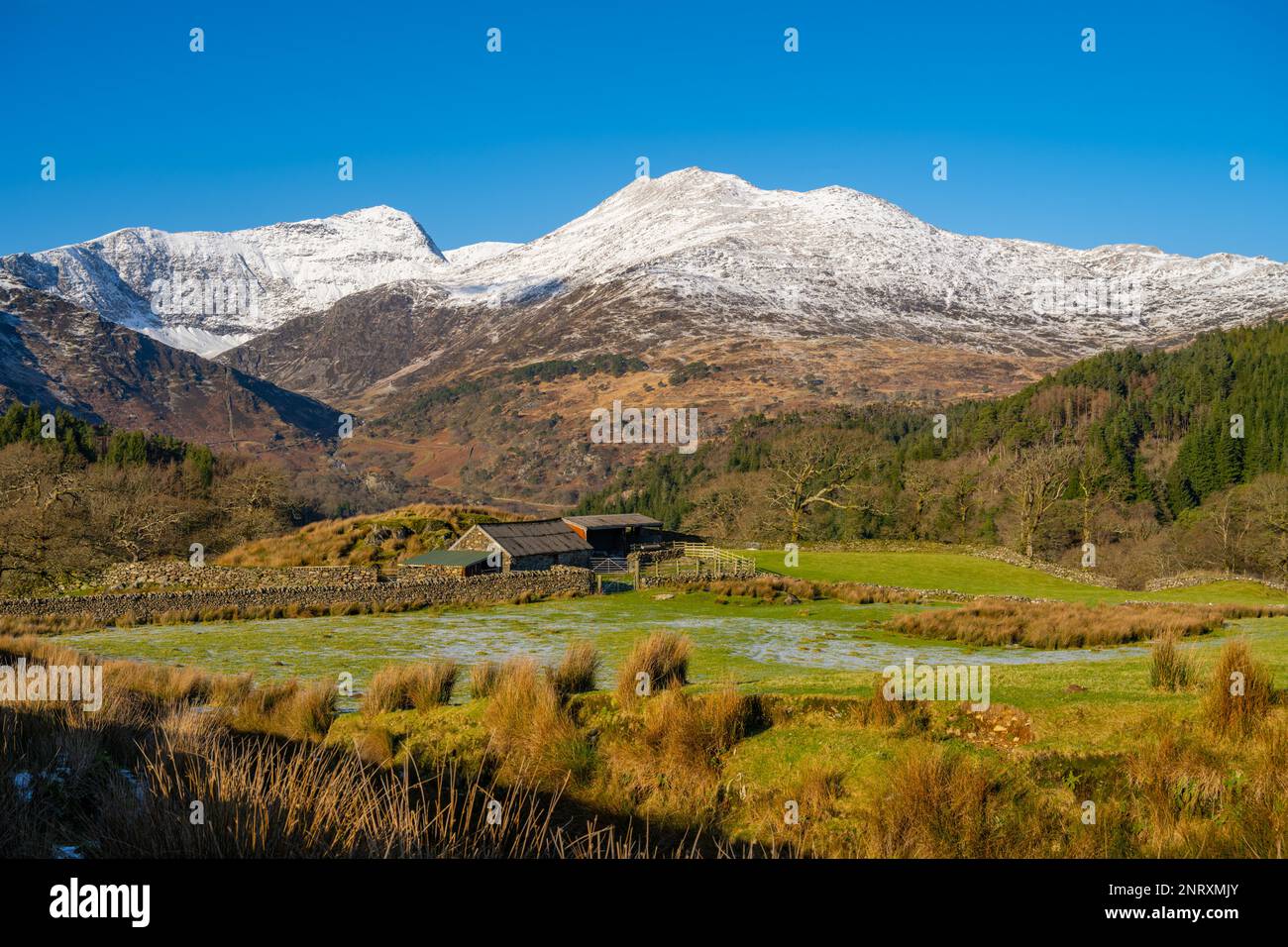 Looking towards Mount Snowdon from country road above  Llyn Dinas, Near Beddgelert, North Wales on a sunny winter day. Stock Photo