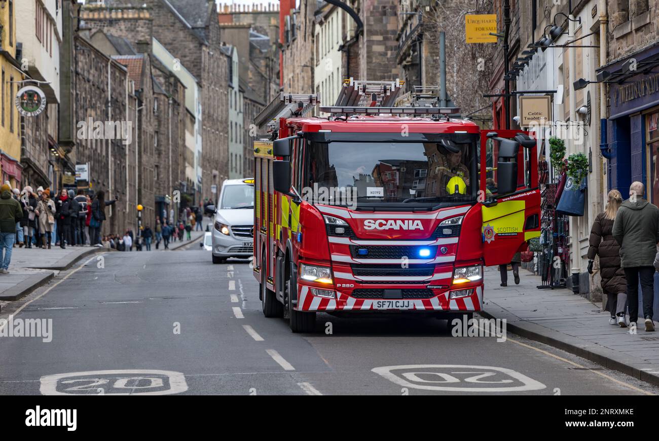 Scottish Fire Brigade engine attending a call out alarm on Royal Mile