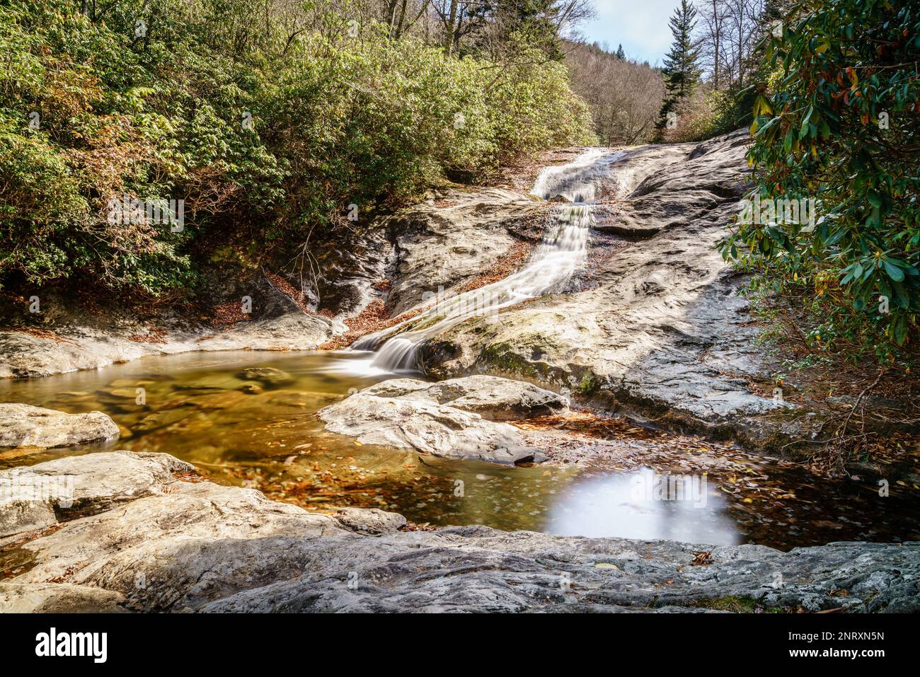 Long exposure image of Bubbly Falls waterfall in Appalachian Mountains of North Carolina near Blue Ridge Parkway Stock Photo