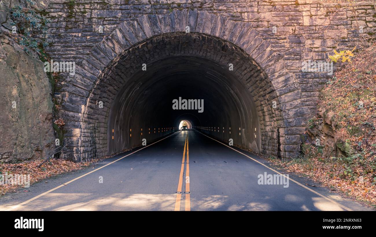 Car is driving through a tunnel on the Blue Ridge Parkway near Asheville, North Carolina Stock Photo