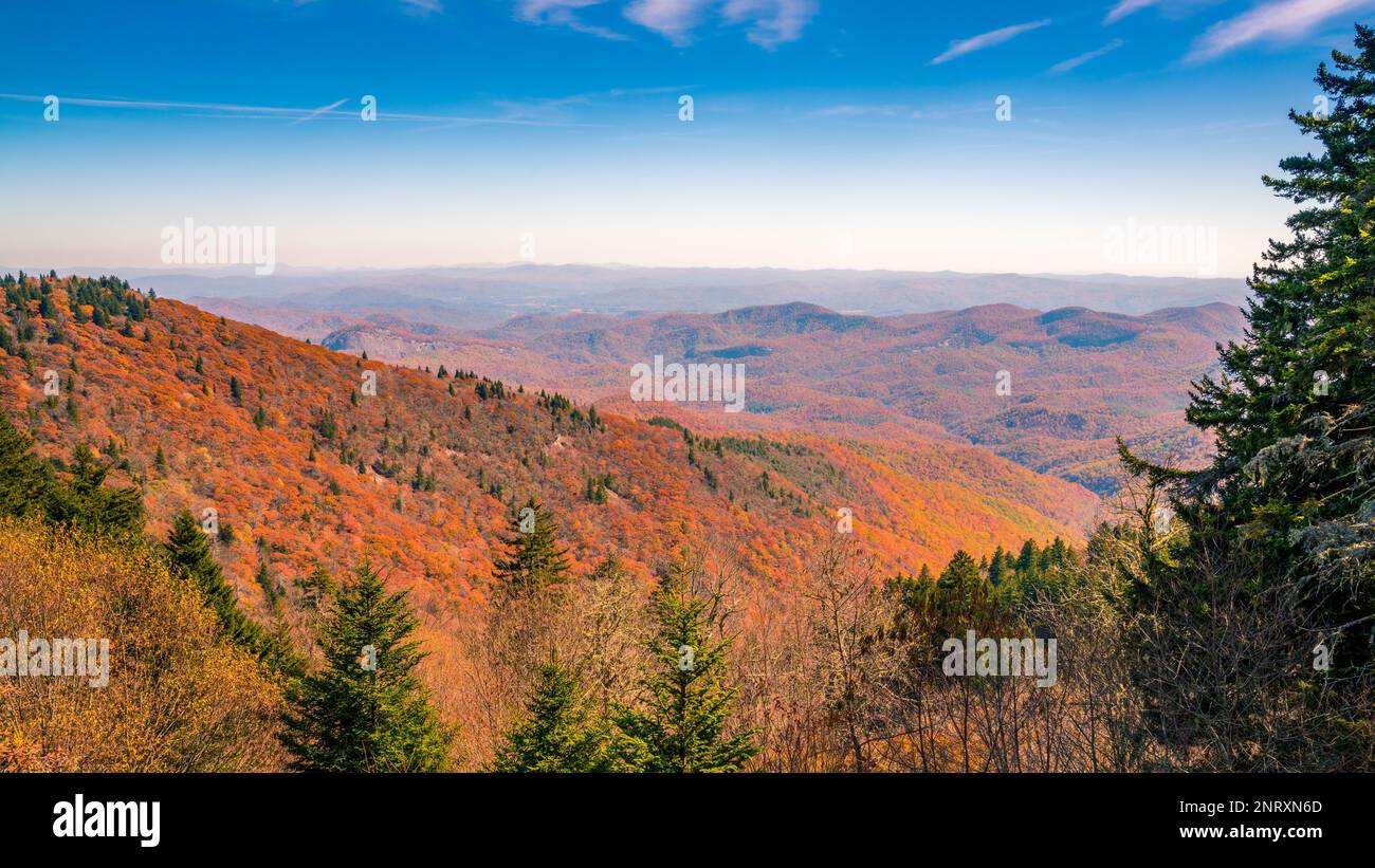 Scenic view of Smoky Mountains from Blue Ridge Parkway in North Carolina in fall Stock Photo