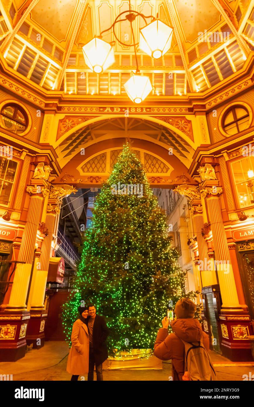 England, London, The City, Leadenhall Market, Christmas Tree Stock Photo