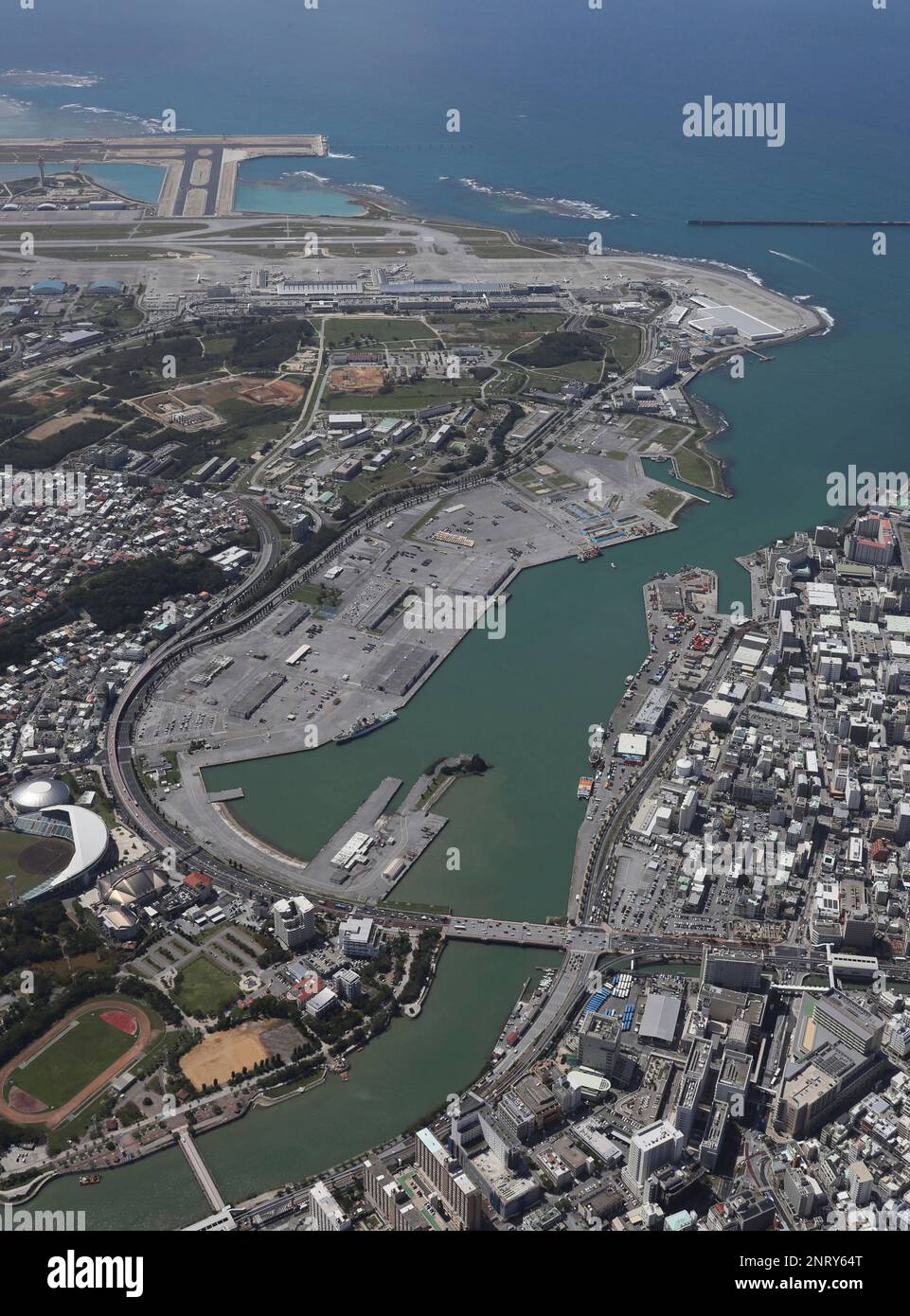 An aerial photo shows United States Forces Japan Naha Port Facility, also called army port or Naha Military port, in Naha, Okinawa prefecture on Sep. 24, 2019.( The Yomiuri Shimbun via AP Images ) Stock Photo