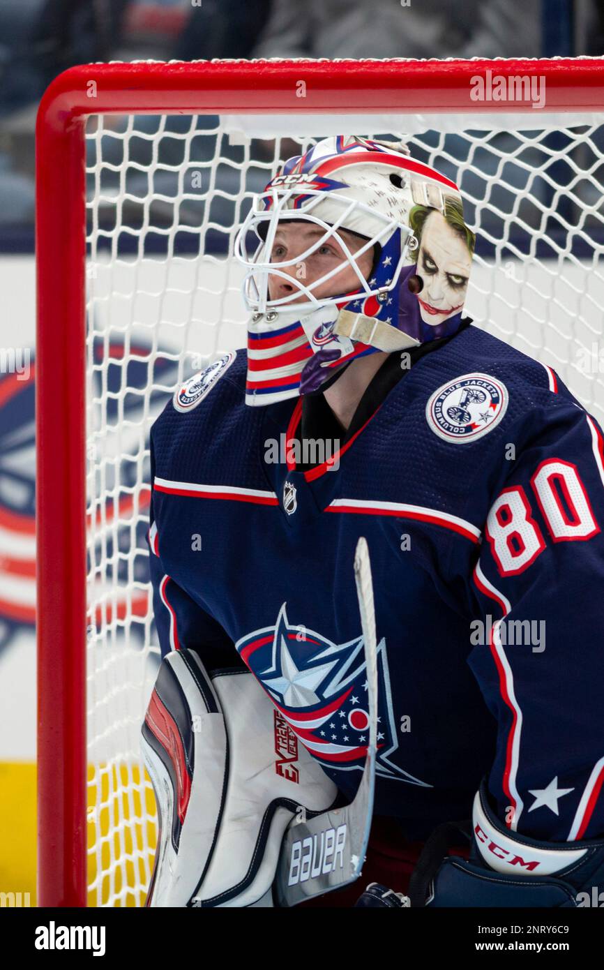 September 17, 2019: Columbus Blue Jackets goalie Matiss Kivlenieks (80)  during NHL preseason game action between the Buffalo Sabres and the  Columbus Blue Jackets at Nationwide Arena on September 17, 2019 in