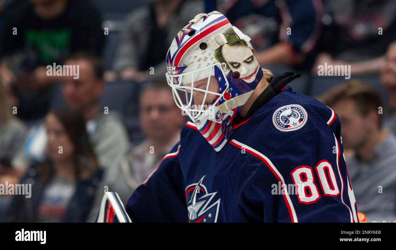 September 17, 2019: Columbus Blue Jackets goalie Matiss Kivlenieks (80)  during NHL preseason game action between the Buffalo Sabres and the  Columbus Blue Jackets at Nationwide Arena on September 17, 2019 in