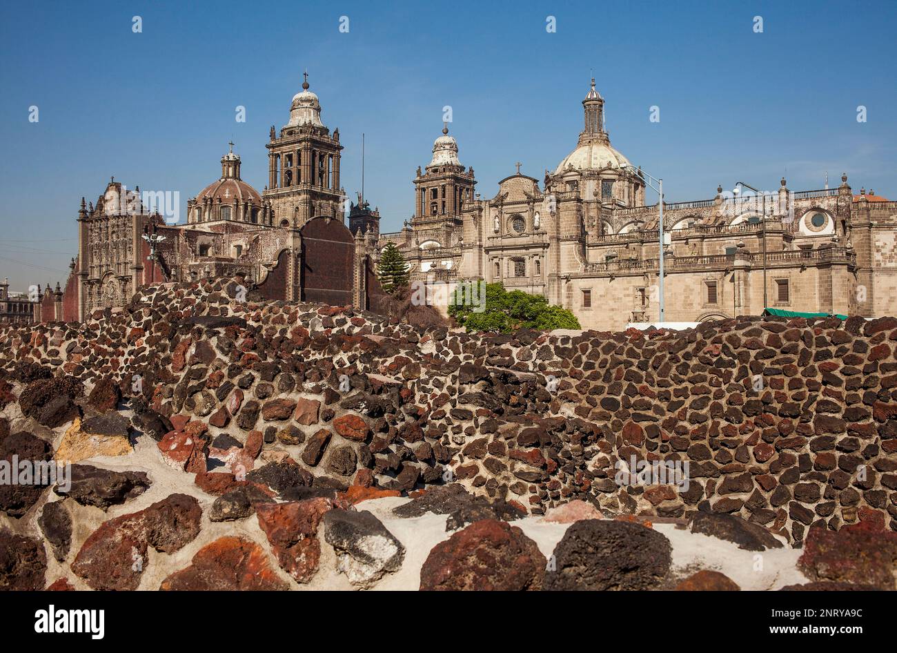 The Aztecs Ruins of Templo Mayor, Archaeological Site, in backgroubd