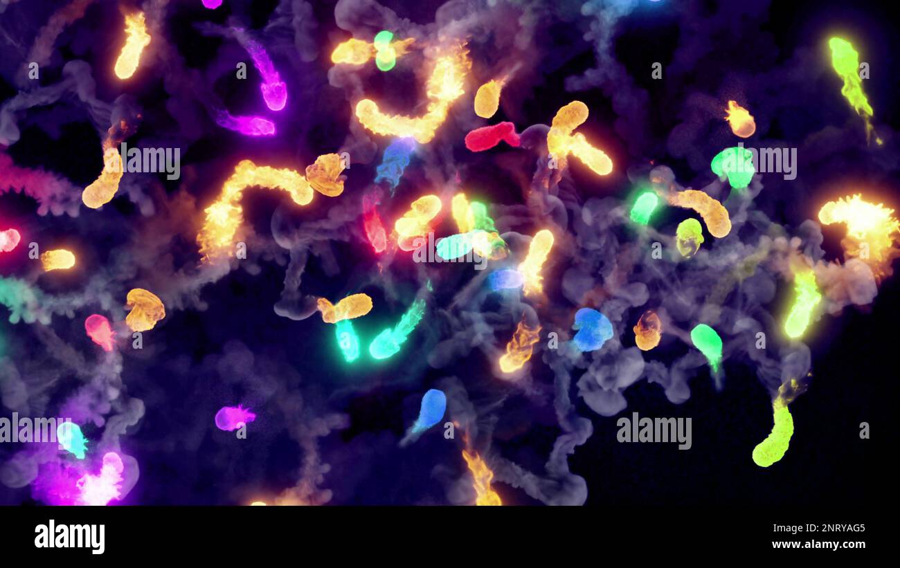 3D rendering of fireballs flying along a complex trajectory. Bright