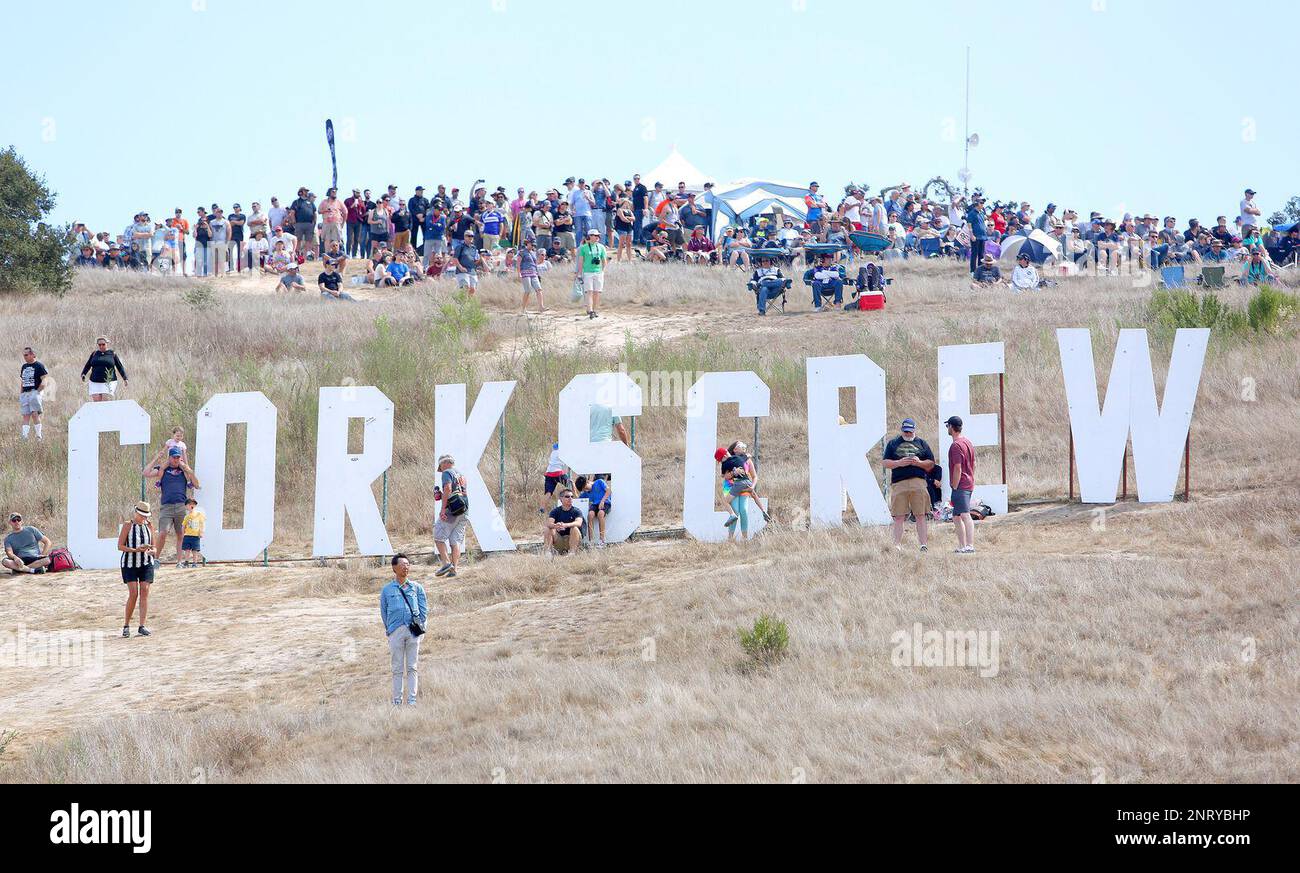 Spectators gather on Corkscrew hill named after the famous Corkscrew turn 8 of WeatherTech