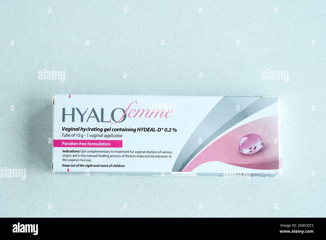 A box containing hyalofemme medication Its use is prescribed for oestrogen deficiency for treatment of the vaginal to relieve symptoms such as dryness Stock Photo