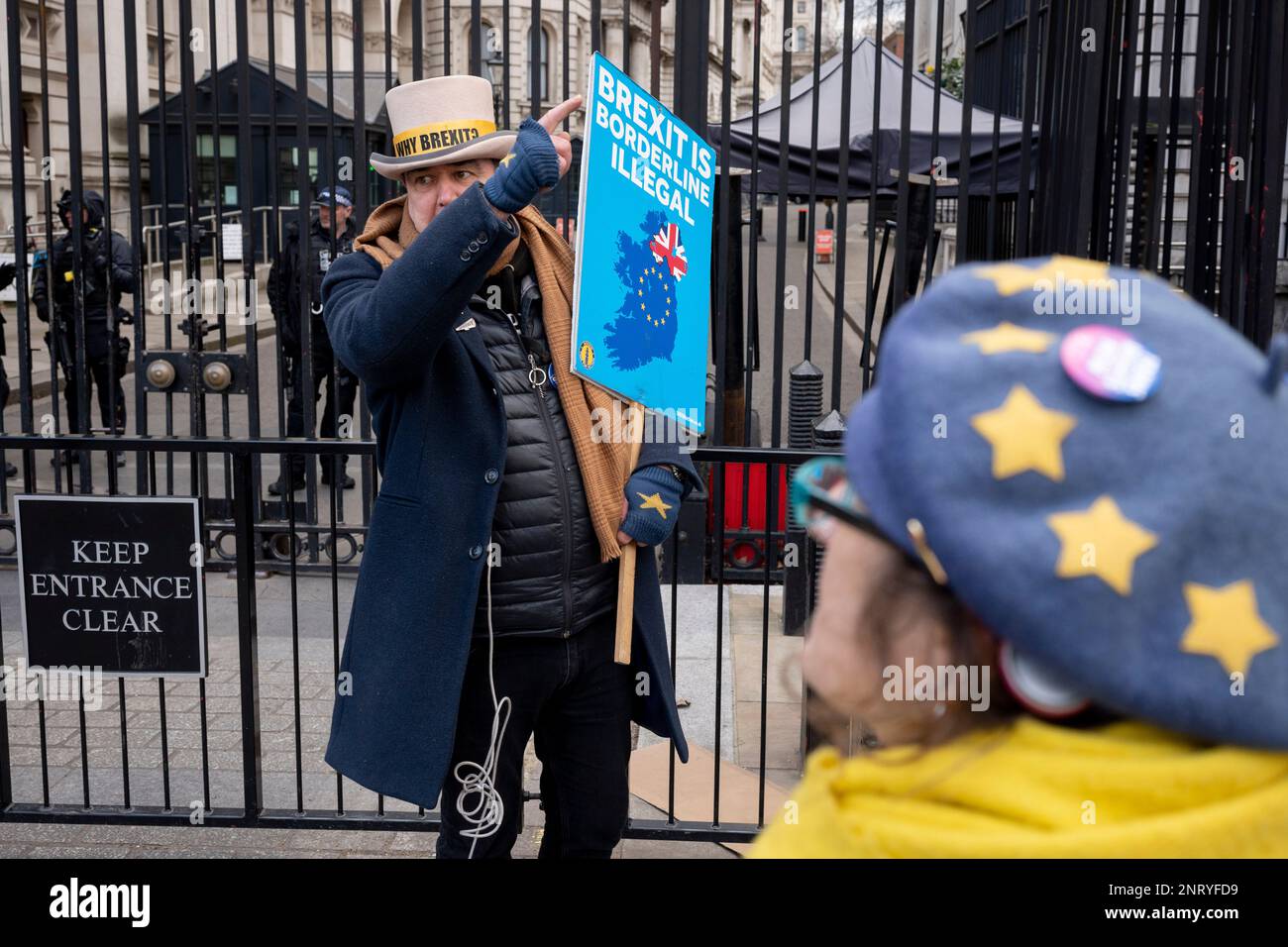 On the day that British Prime Minister Rushi Sunak's government finally reached a post-Brexit trade deal with the EU, a renegotiation of the Northern Irish Protocol, notable anti-Brexit campaigner, Steve Bray protests at the gates to Downing Street, on 27th February 2023, in London, England. Stock Photo