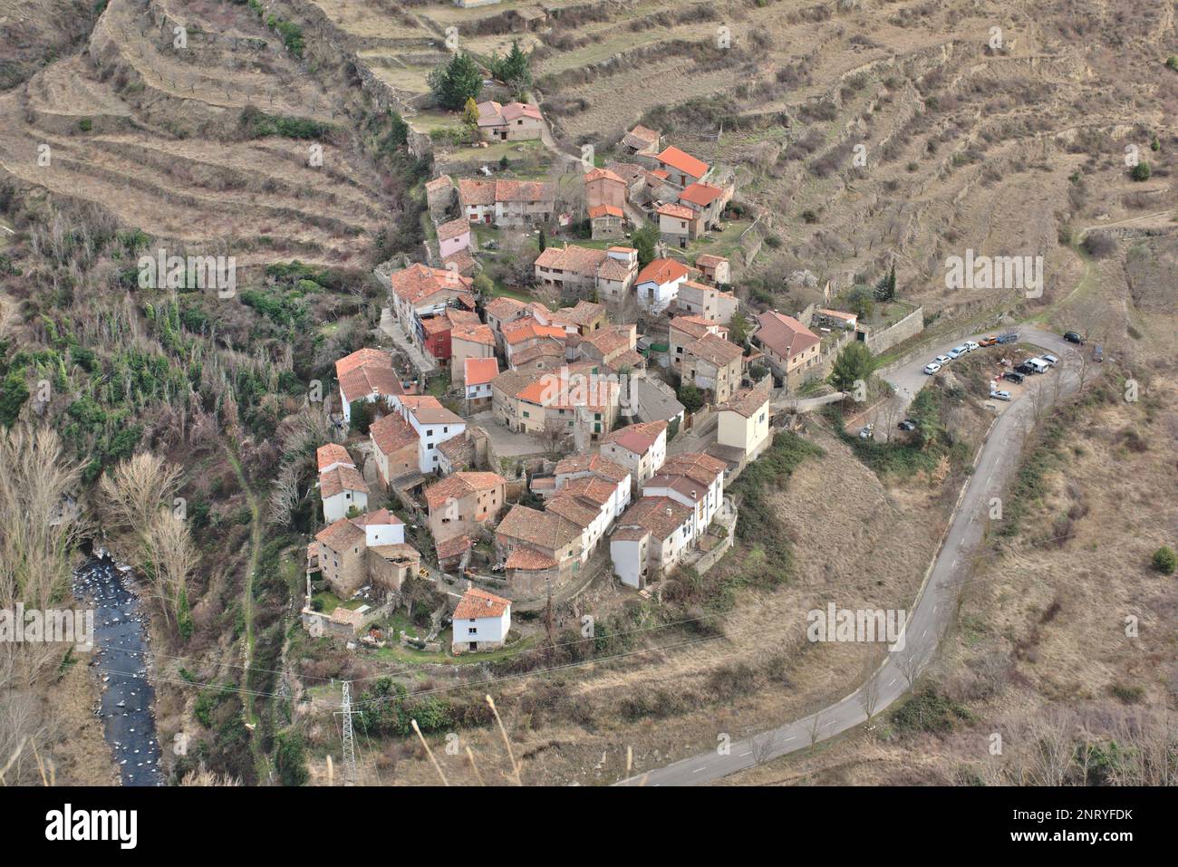 Aerial view of the small village of Peroblasco. To the left the Cidacos ...